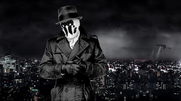 Rorschach from Watchmen in a city at night