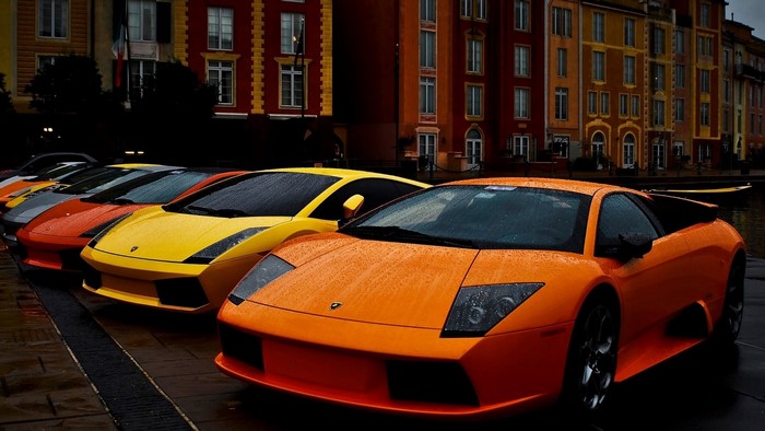 Lamborghini Cars Lined Up in the Rain