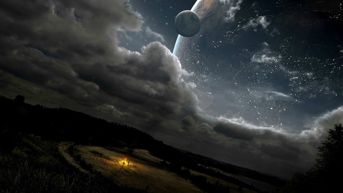 Fantasy Space Landscape with Campfire