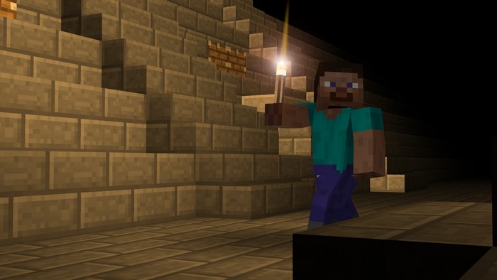 Steve from Minecraft holding a torch in a stone corridor