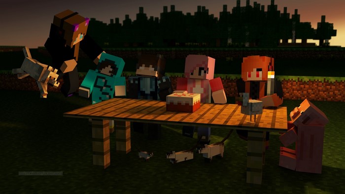 Minecraft characters celebrating a birthday with a cake