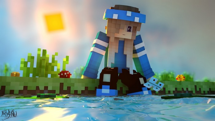 Minecraft character sitting by water