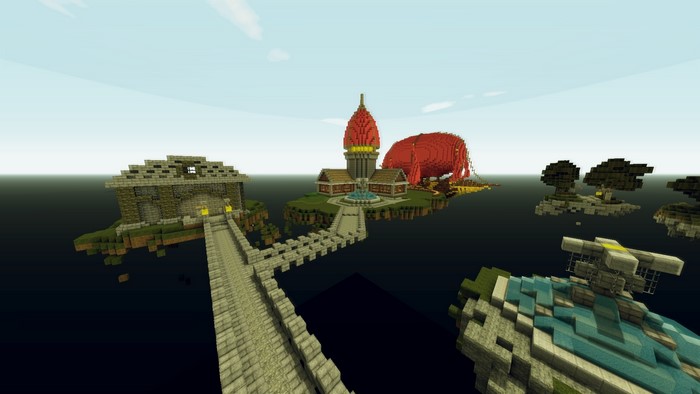 Minecraft floating islands with structures and trees