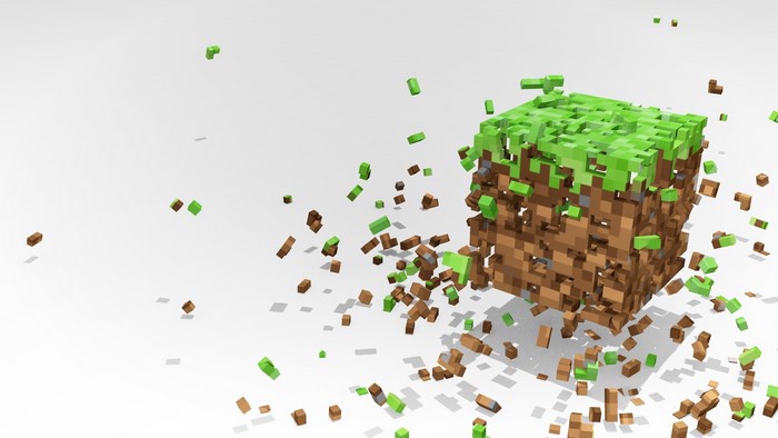 Dissolving Minecraft block with scattered pieces
