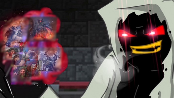 Villains with glowing eyes and a collage of faces