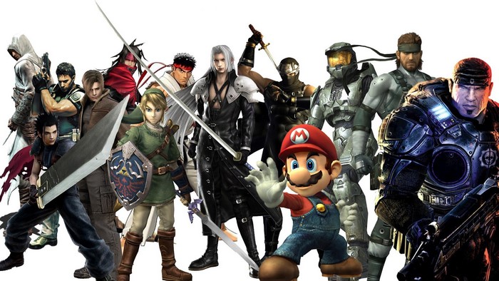 Video game characters including Mario, Master Chief, and Snake