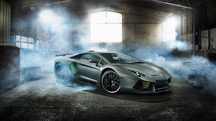 Lamborghini Aventador in a smoky warehouse