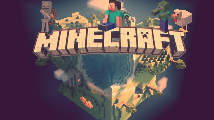 Minecraft logo with characters and landscape