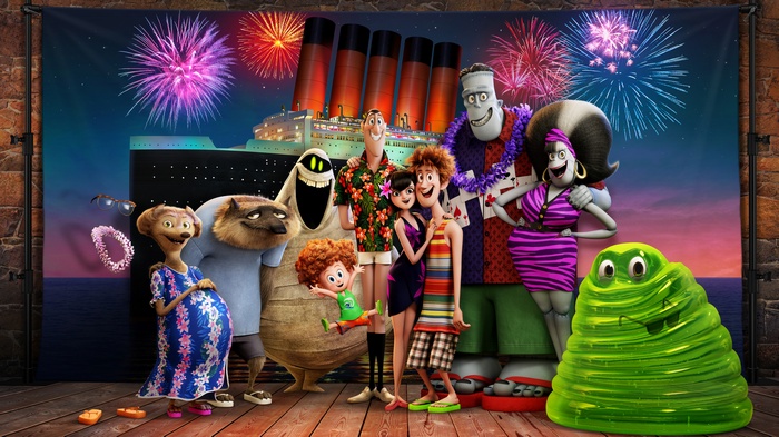 Hotel Transylvania 3 characters with fireworks and cruise ship