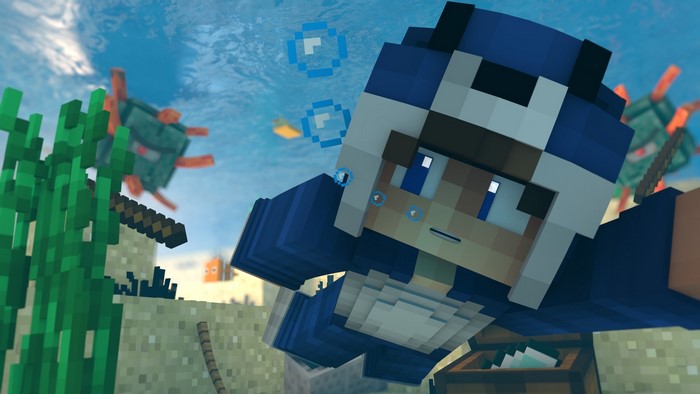 Minecraft character in a blue shark costume underwater