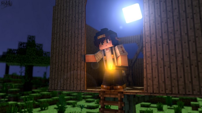 Minecraft character holding a torch in a treehouse