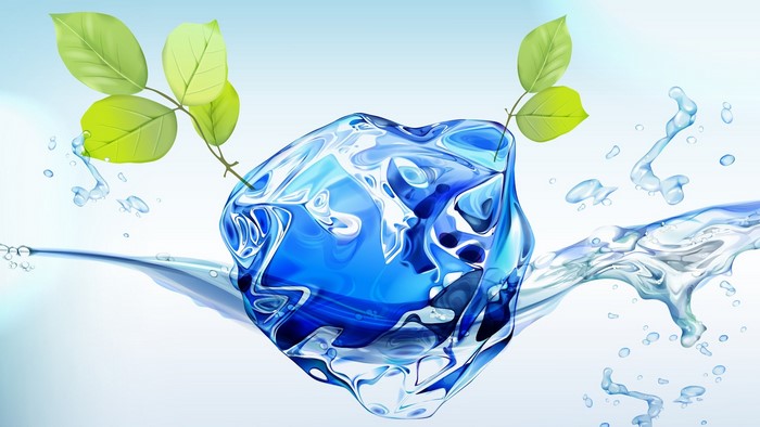Ice cube with leaves and water splashes