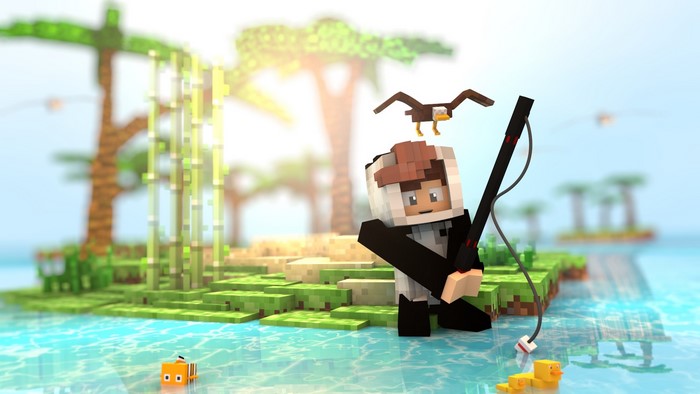 Minecraft character fishing with eagle and ducks