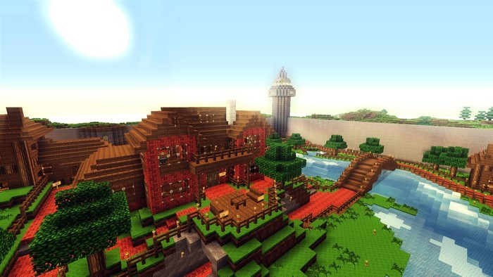 Minecraft village with river and lighthouse