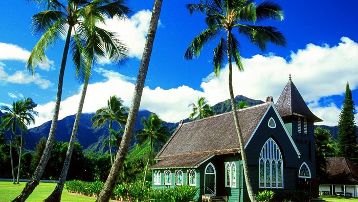 Waioli Hui'ia Church with Palm Trees and Mountains