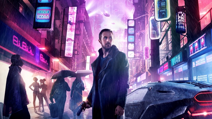 Ryan Gosling from Blade Runner 2049 in a rainy city