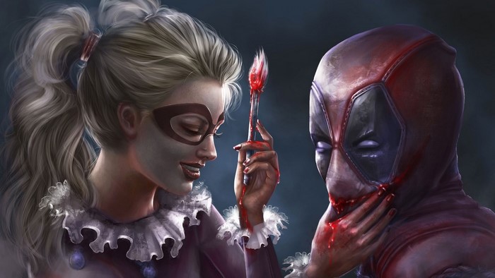 Deadpool and Harley Quinn with bloody brush