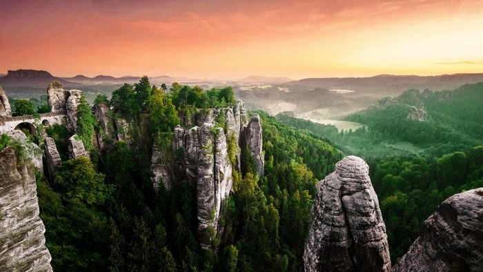 Bastei Bridge and Cliffs at Sunrise