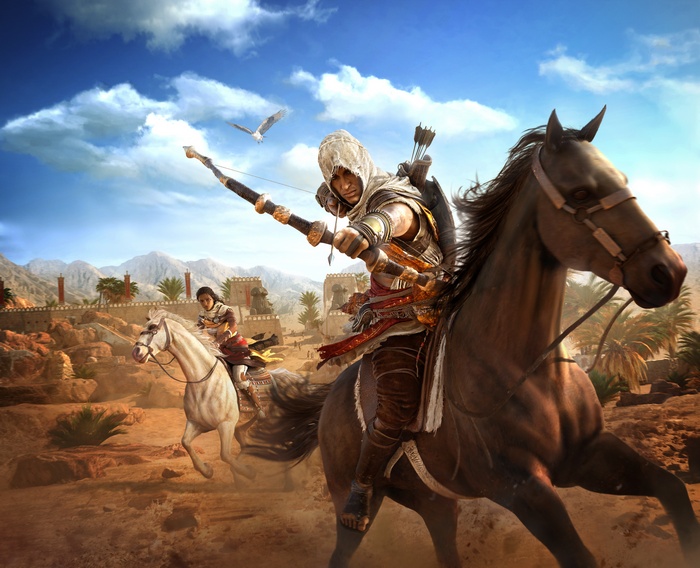 Bayek from Assassin's Creed: Origins on horseback