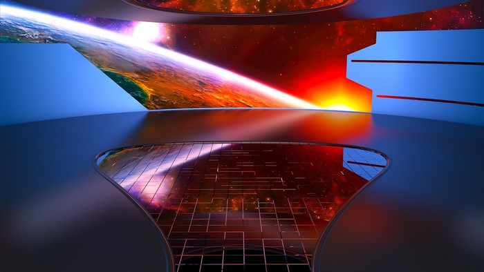 Futuristic interior with view of Earth and space