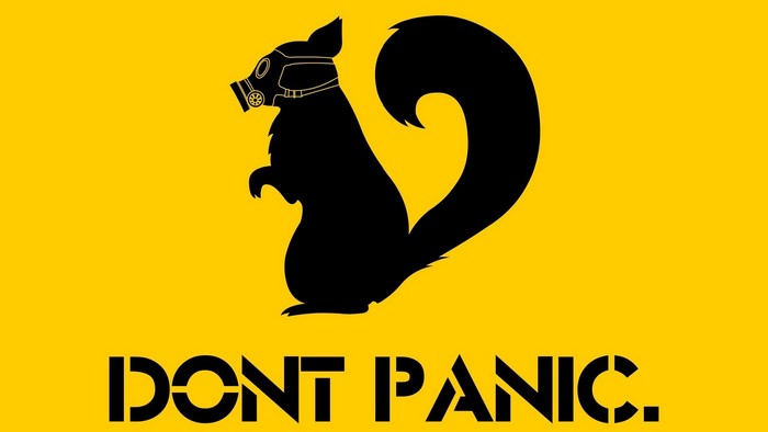 Black squirrel with gas mask and "DON'T PANIC."