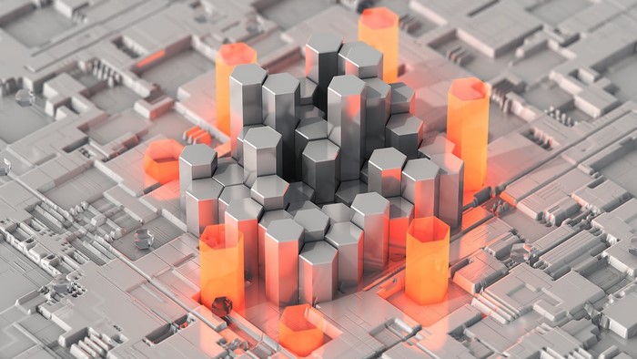 Abstract hexagonal data visualization on a circuit board