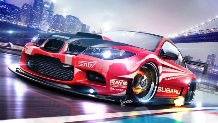 Red Subaru WRX STI racing car with racing decals