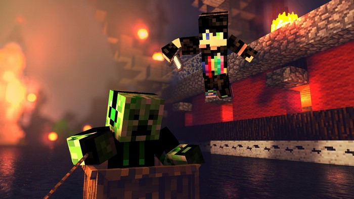 Minecraft Creeper and character on a burning ship