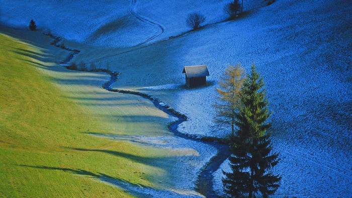 Winter landscape with stream and cabin in Tulfes, Tyrol