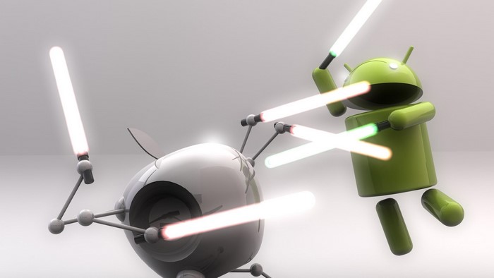 Android Robot and White Robot Fighting with Lightsabers
