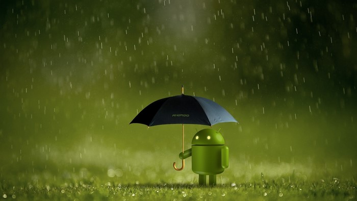 Android character holding an umbrella in the rain