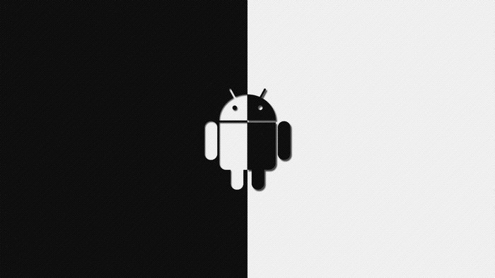 Android logo split between black and white backgrounds