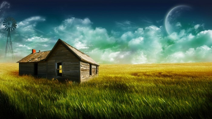 The Old Farmhouse and Windmill in a Field