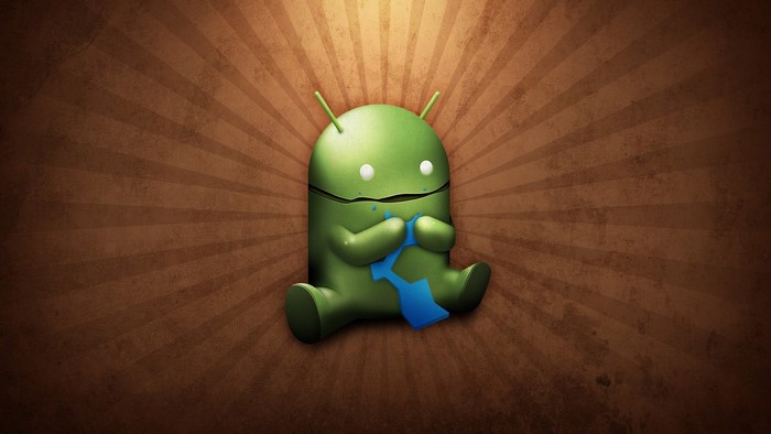Android character knitting with blue yarn