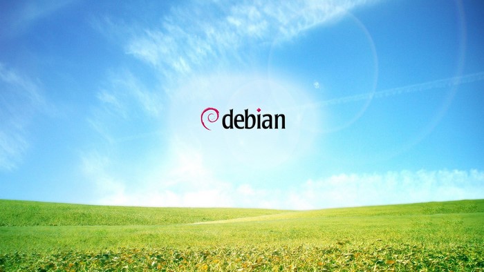 Debian logo on a sunny sky over a green field
