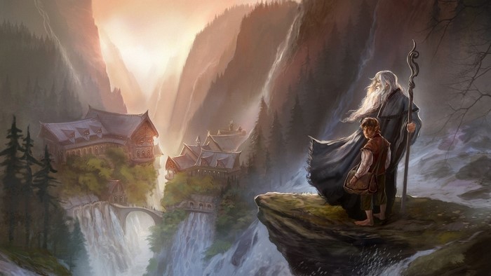 Gandalf and Frodo from The Hobbit in a valley