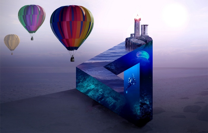 Hot air balloons over a surreal landscape with underwater scene