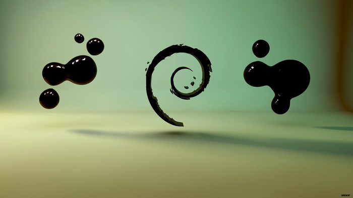 Debian logo and abstract black blobs