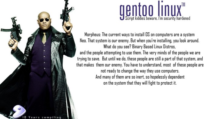 Morpheus from The Matrix with Gentoo Linux logo