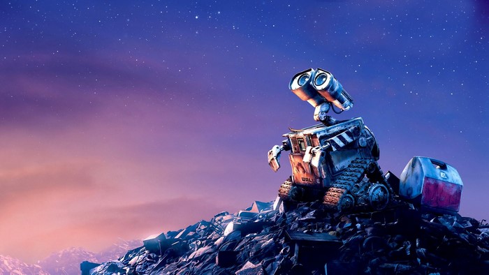 WALL-E on a pile of trash under a starry sky