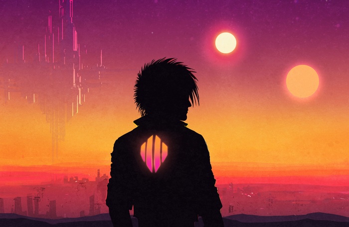 Silhouette of a man with a glowing symbol on his back