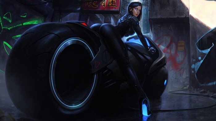 Girl in Tron-style suit on a cyberbike