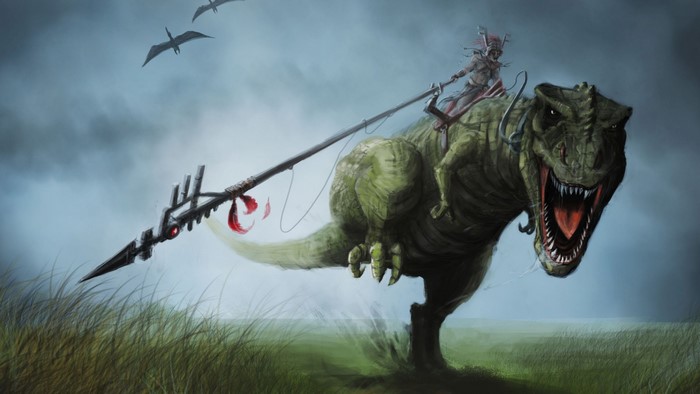 Rider on a T-Rex with a spear