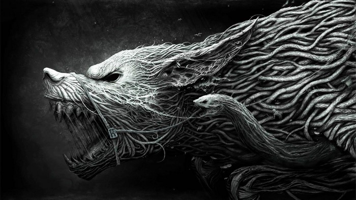 Dark Fantasy Wolf Made of Roots
