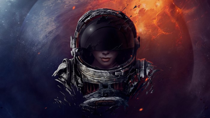 Astronaut girl in space with planets