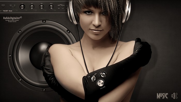 Woman with headphones and speaker