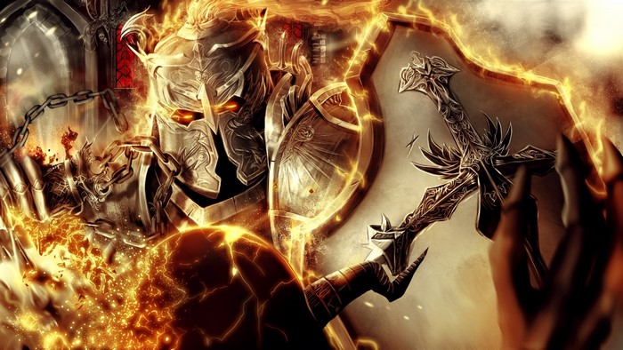 Fiery Warrior in Armor Holding Sword and Shield