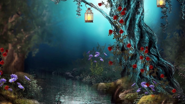 Fantasy forest with glowing lanterns and roses