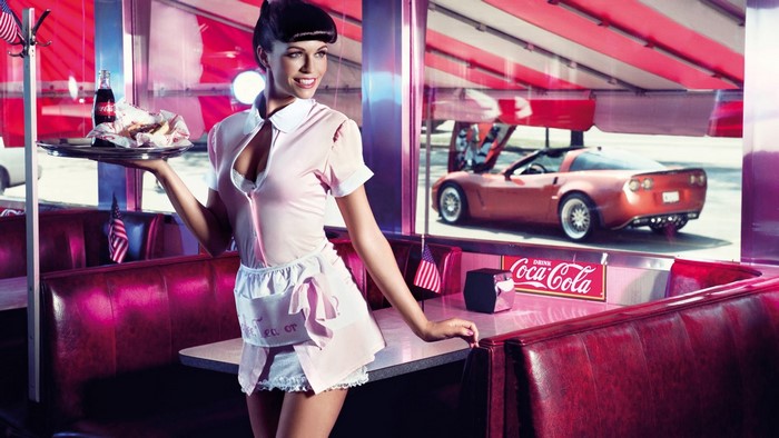 Waitress with Coca-Cola and Corvette at Diner
