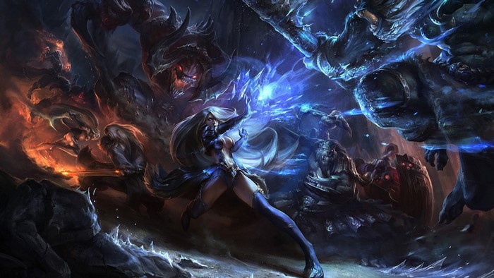 Girl casting ice magic against demons